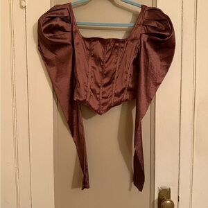 SHEIN Brown Puff Sleeve Ruched Crop Top